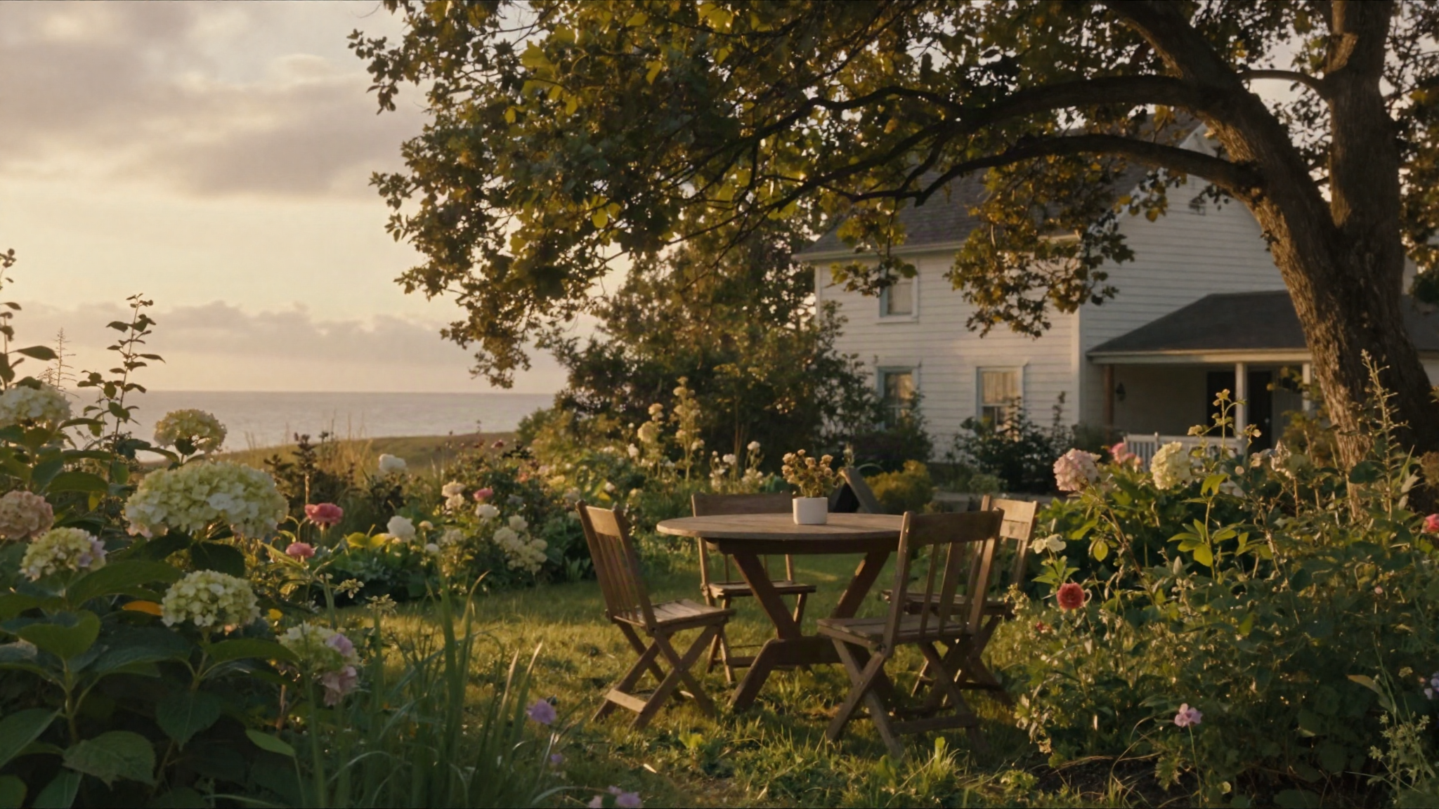 Concept art: a closer garden shot with a golden sky